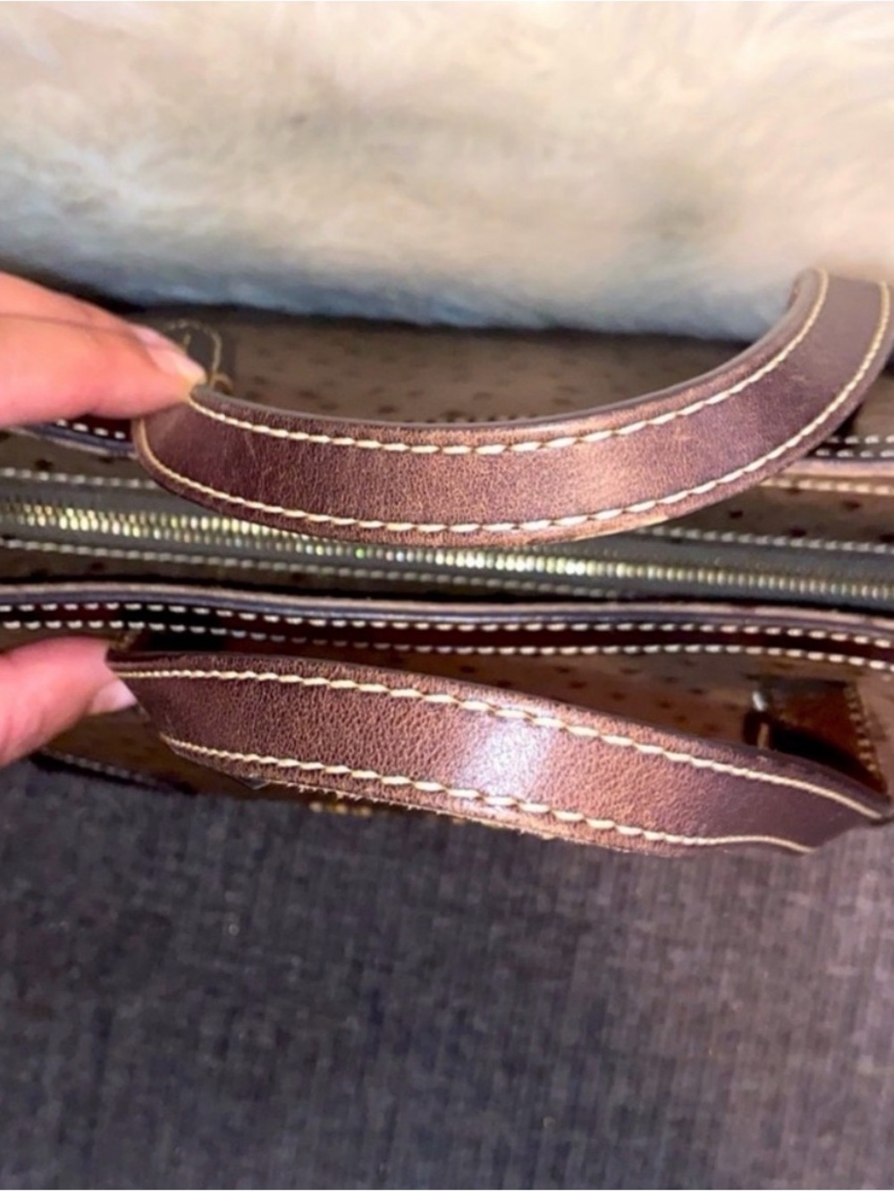 Dooney & Bourke Brown Ostrich-Style Satchel with Dark Trim - Picture 3 of 5